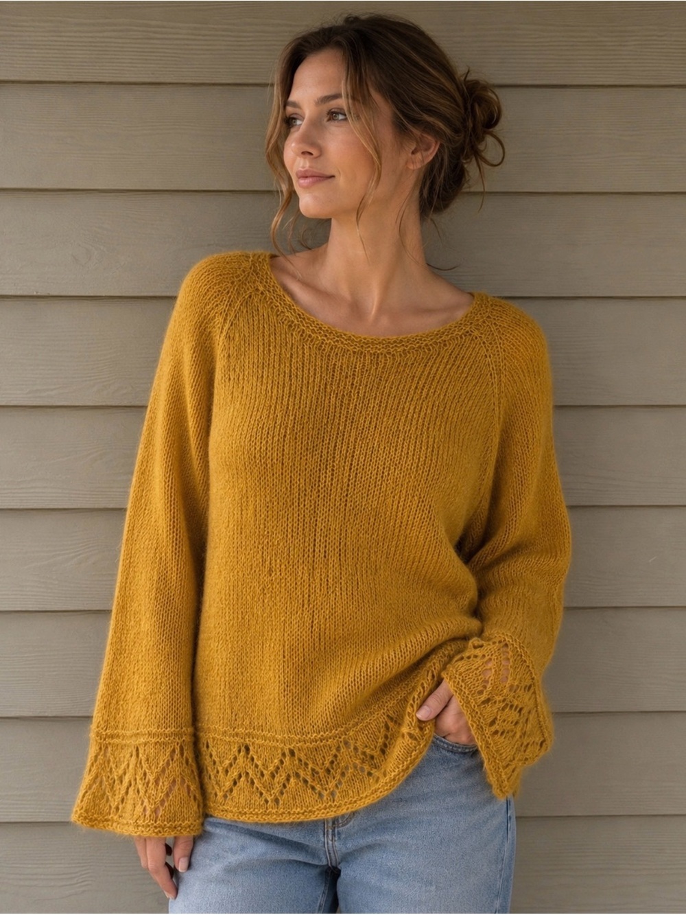 Handmade Knit Alpaca Silk Lurex Elegant Mustard Curry Lightweight Sweater